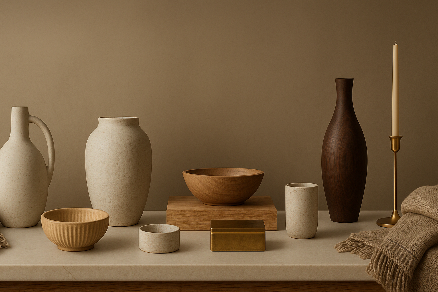 Wide panoramic home decor scene with a simplified central area against a gradient background, featuring premium curated items arranged to allow for highly readable text overlay in a marquee format