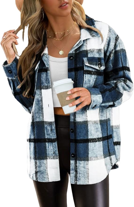 AUTOMET Womens Casual Plaid Shacket Button Down Long Sleeve Shirt