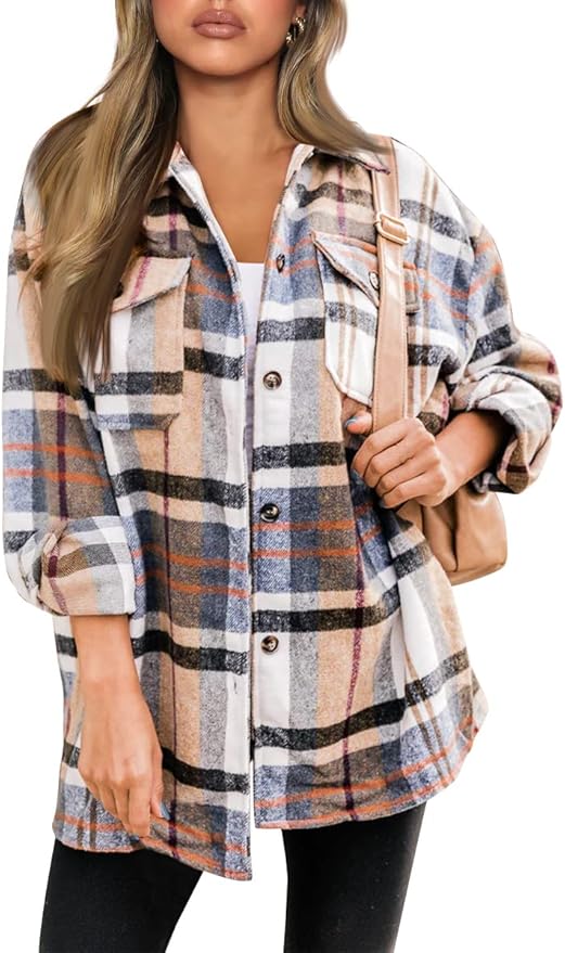 AUTOMET Womens Casual Plaid Shacket Button Down Long Sleeve Shirt