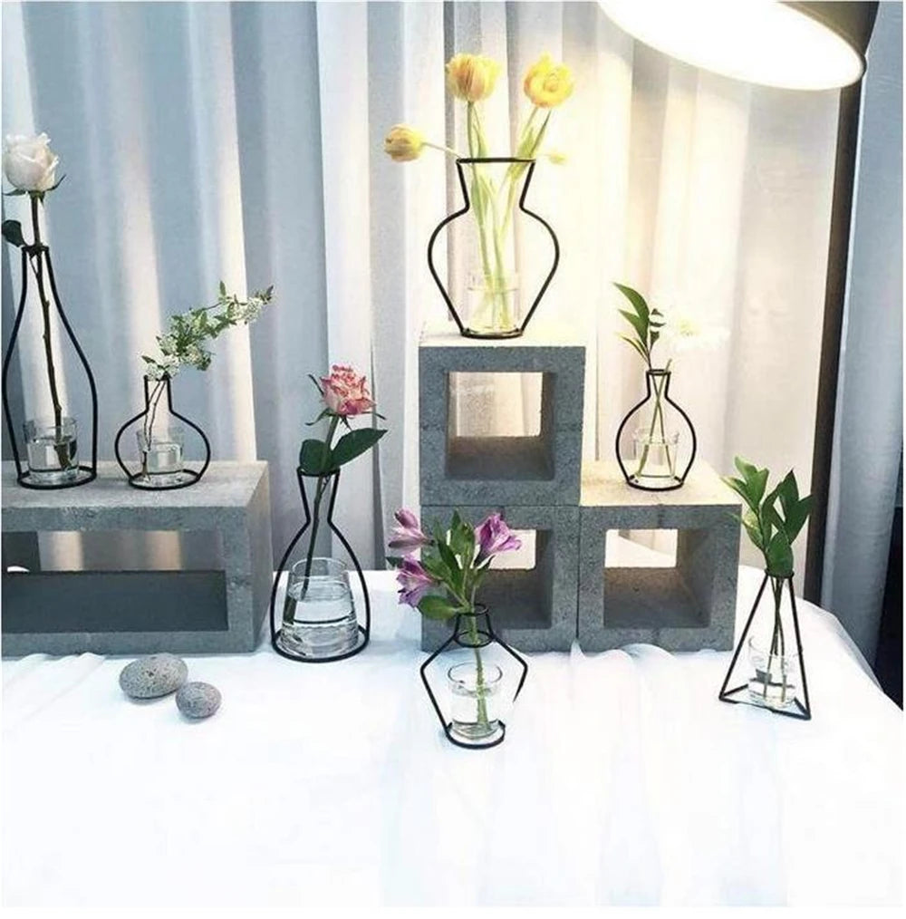 Nordic Style Retro Iron Line Table Flower Vase Holder - Metal Plant Stand for Home Decoration - Available in 8 Unique Shapes