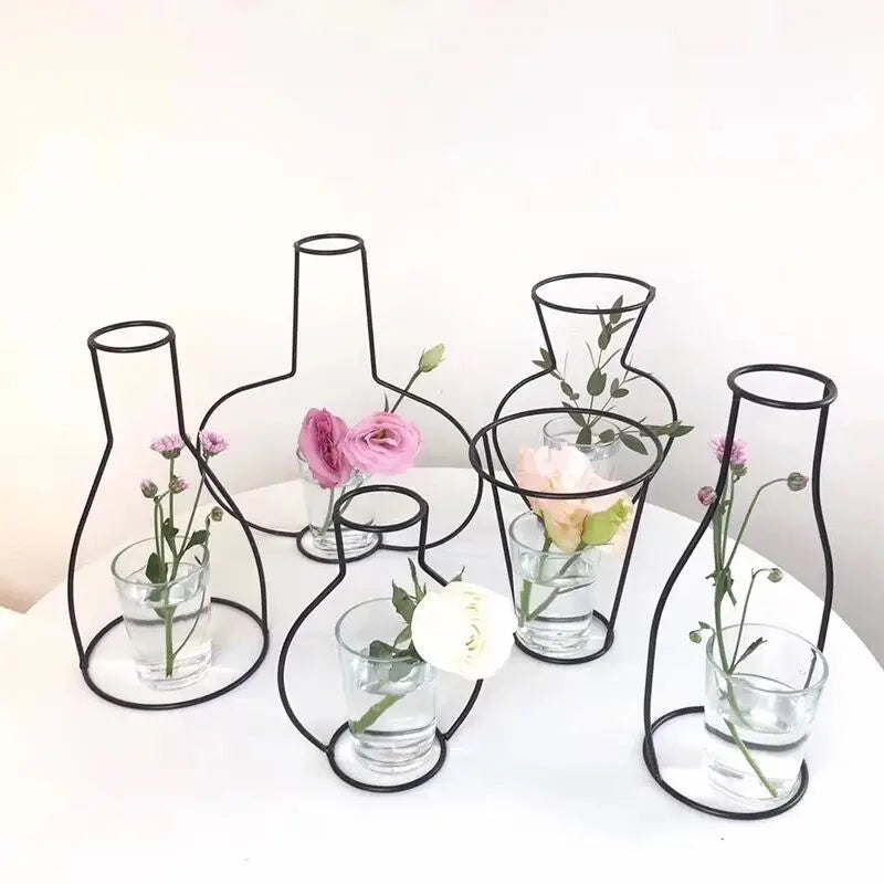 Nordic Style Retro Iron Line Table Flower Vase Holder - Metal Plant Stand for Home Decoration - Available in 8 Unique Shapes