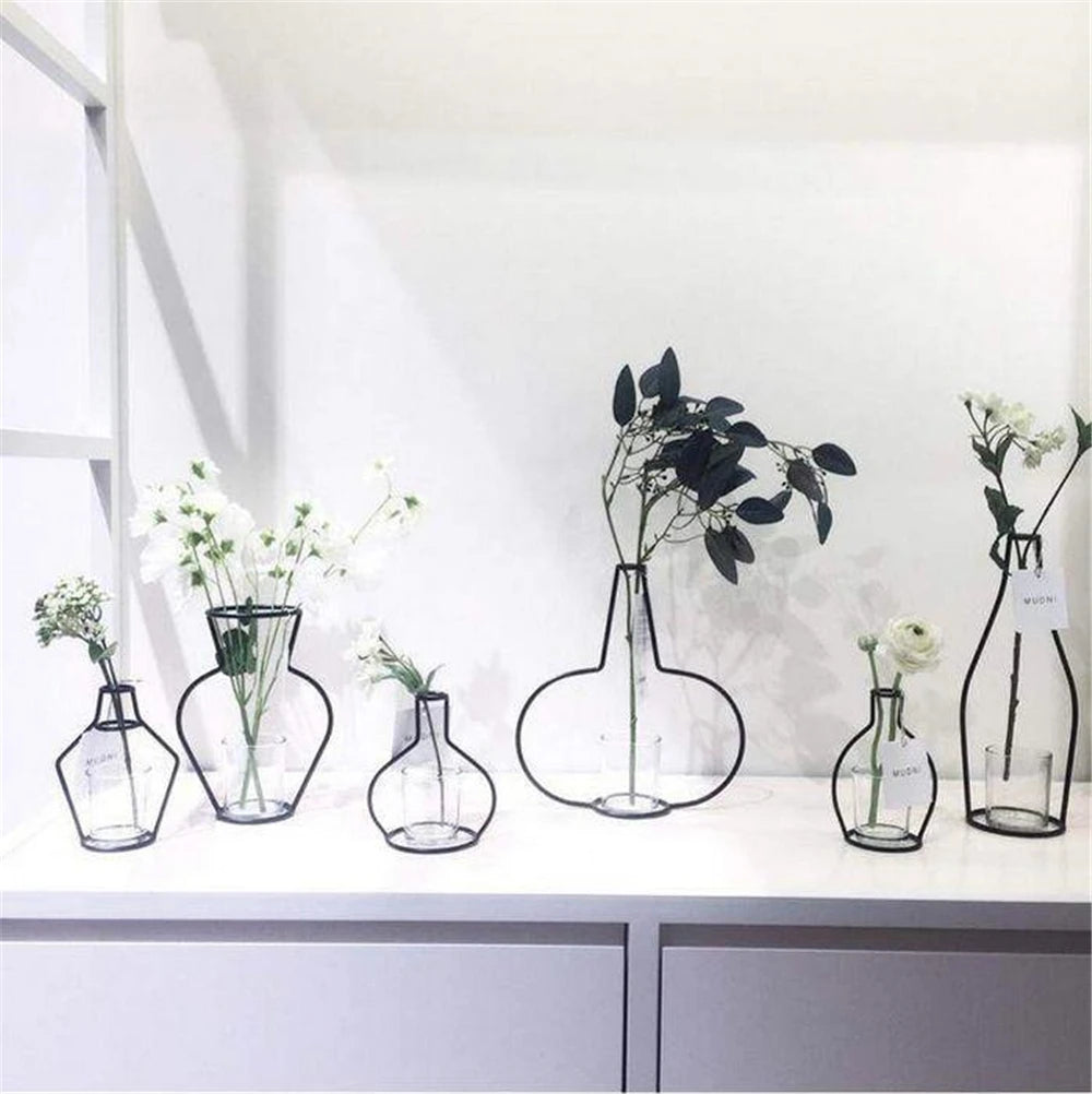 Nordic Style Retro Iron Line Table Flower Vase Holder - Metal Plant Stand for Home Decoration - Available in 8 Unique Shapes