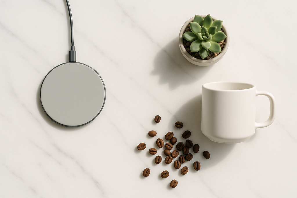 A bright, airy flat lay photograph featuring carefully curated everyday objects arranged on a pristine white marble surface. Include a sleek wireless charging pad, a small succulent in a ceramic pot, and artisanal coffee beans scattered around a minimalist white mug. Soft natural lighting creates gentle shadows, with plenty of negative space to emphasize the "less is more" philosophy of thoughtful curation.