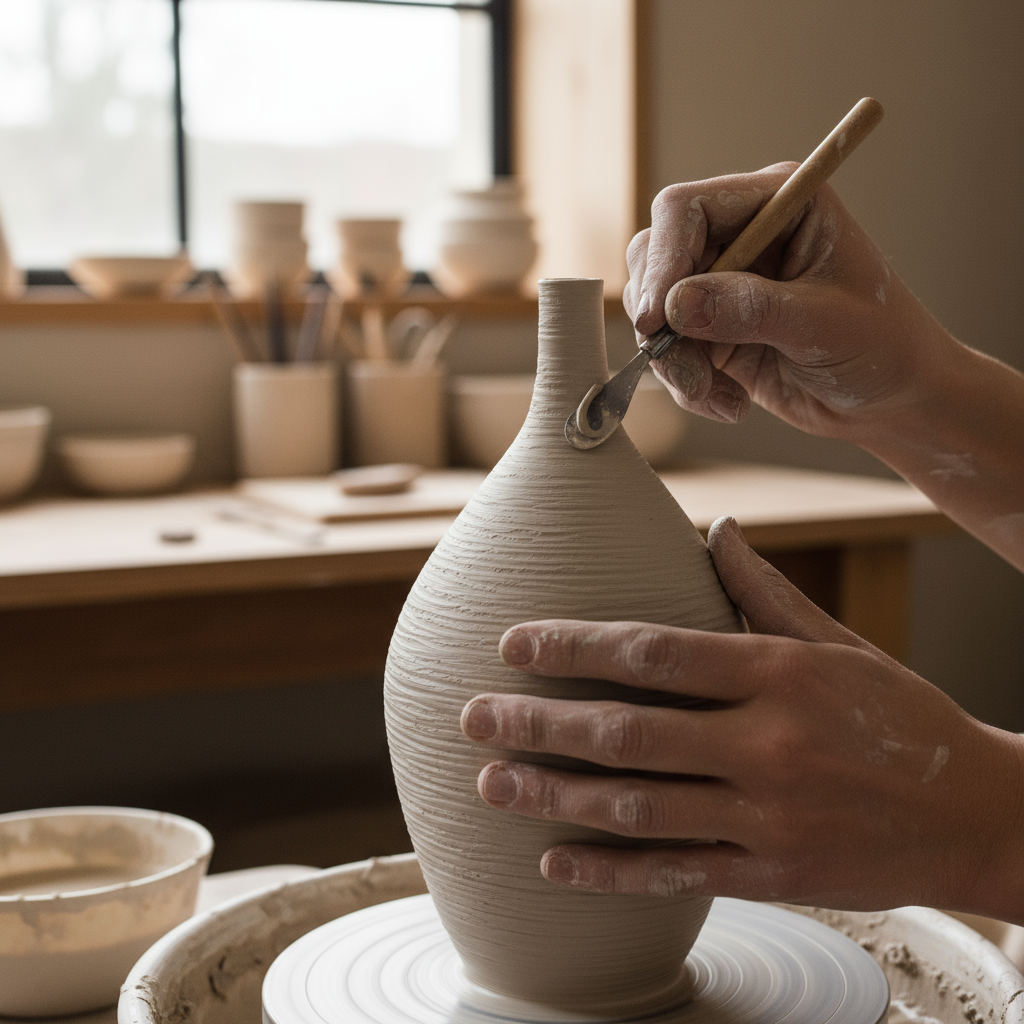 Artisan hands carving texture into ceramic vase