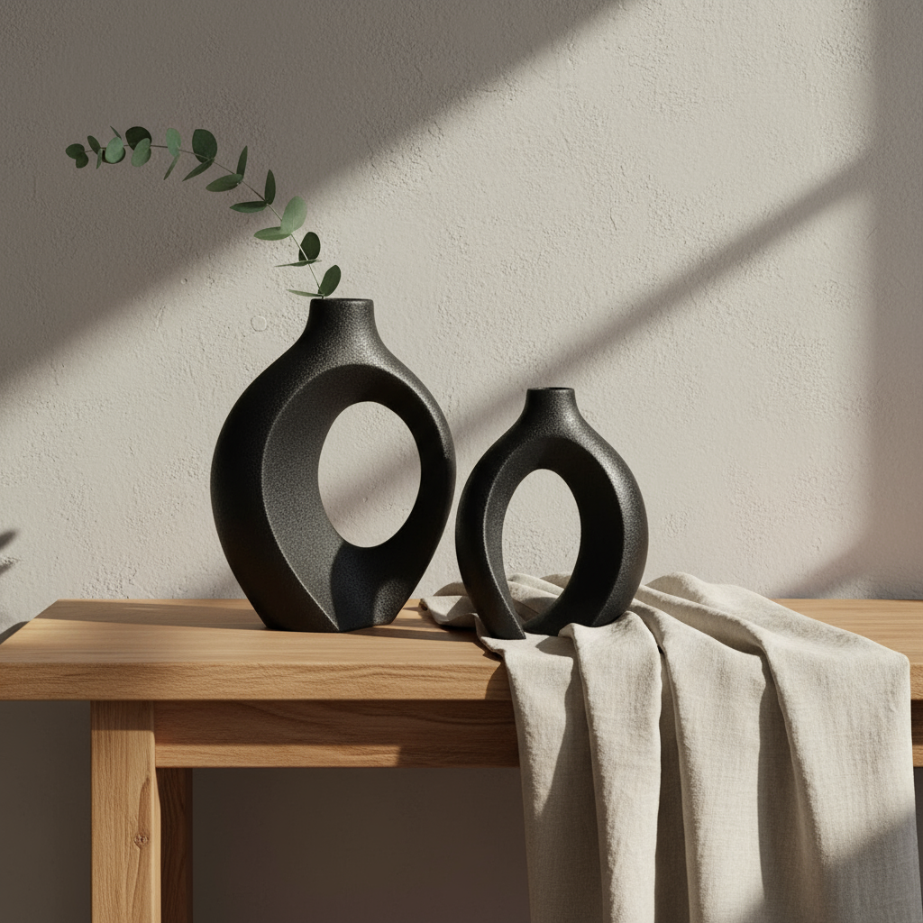 Black ceramic vases editorial home decor styling