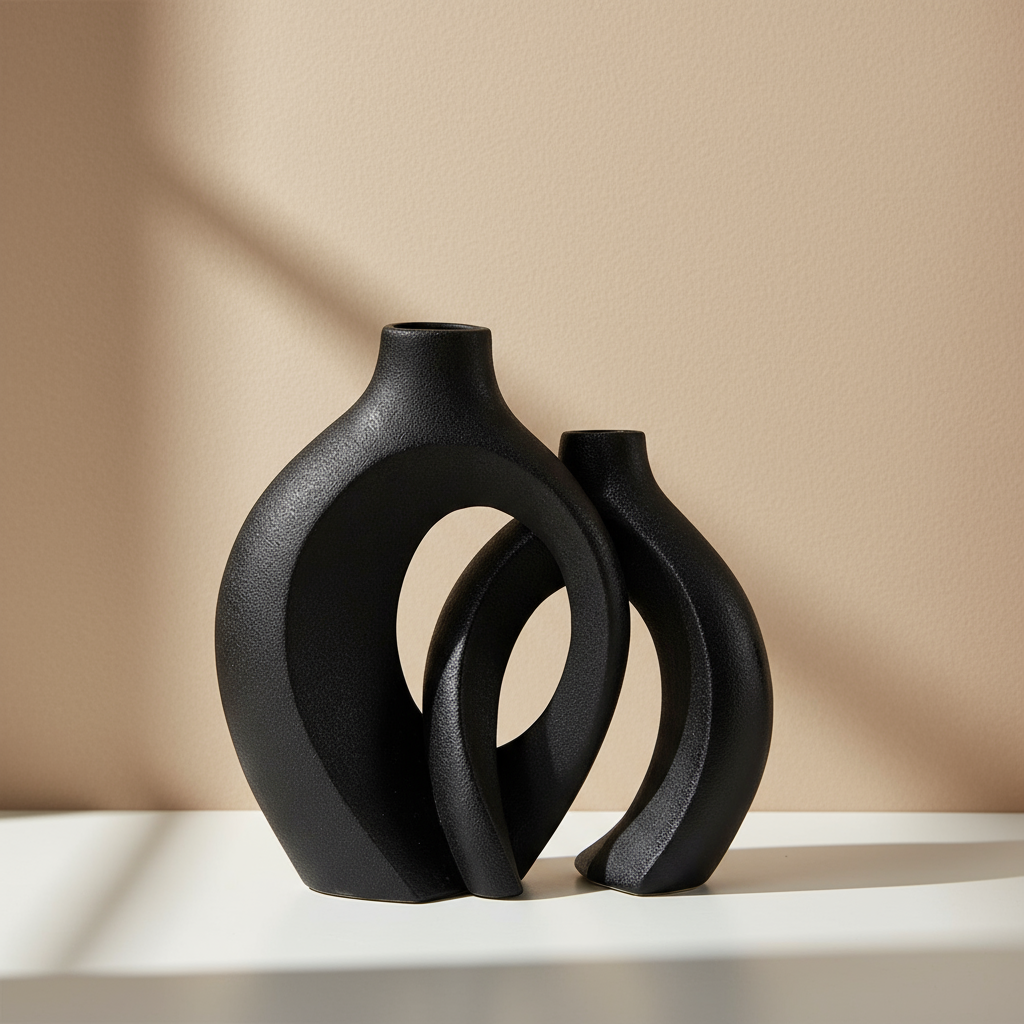 Black ceramic vases with natural lighting