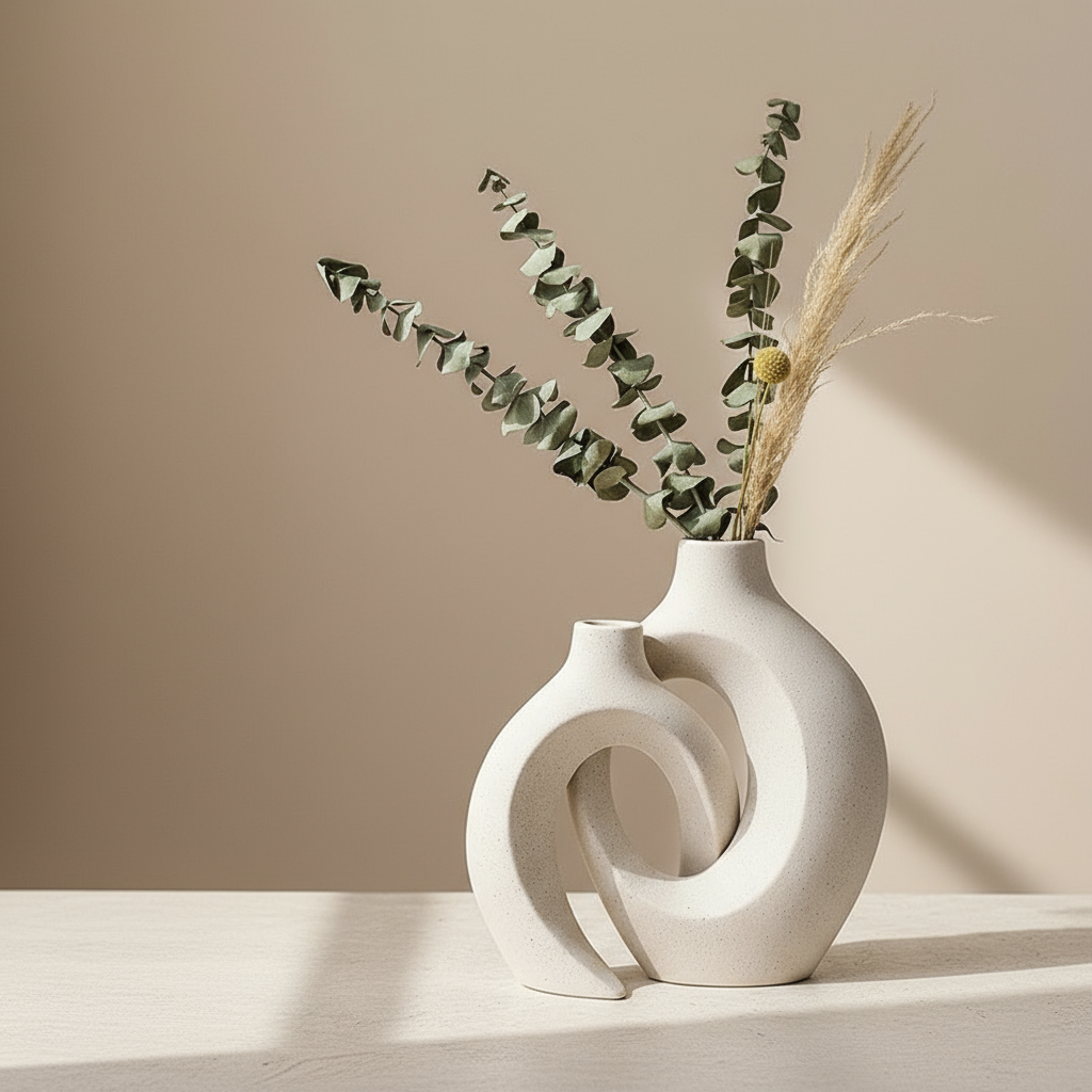 Ceramic vases with minimal floral arrangement - zoomed out