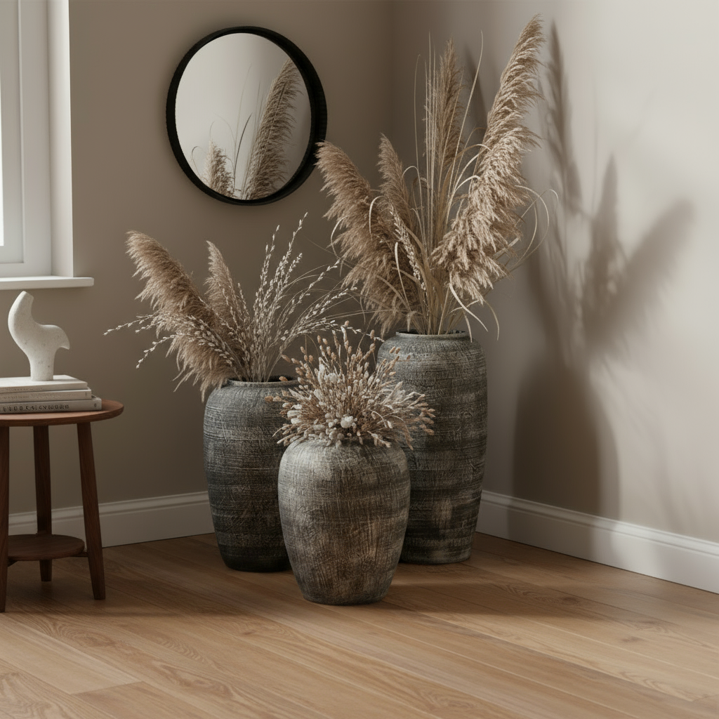 Floor vases with branches and grasses in transitional entryway