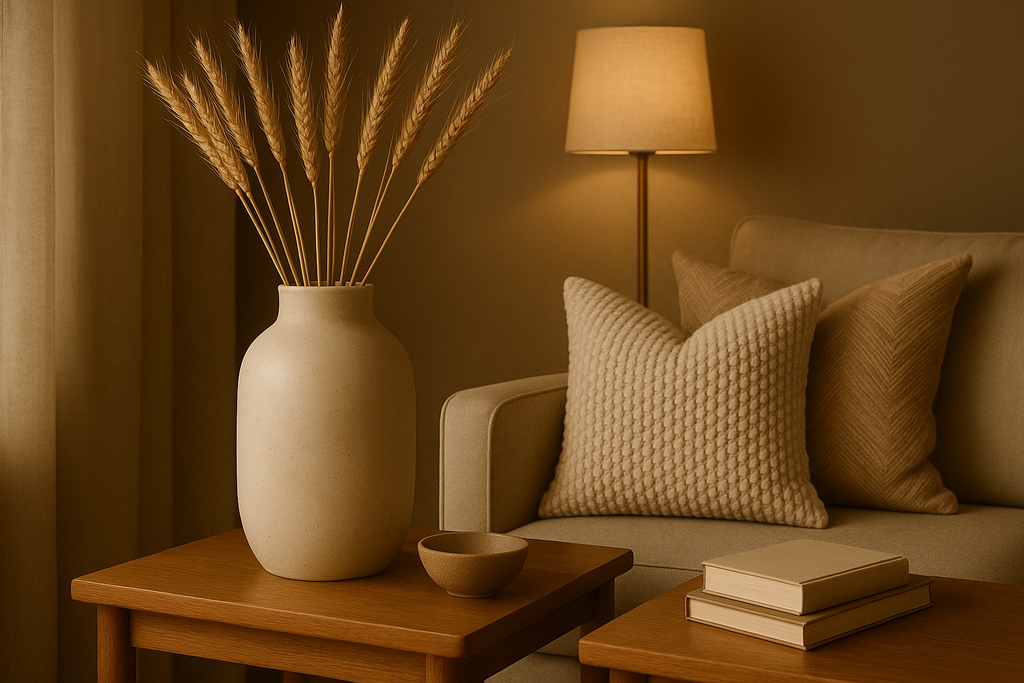 Handcrafted ceramic vase in living room setting