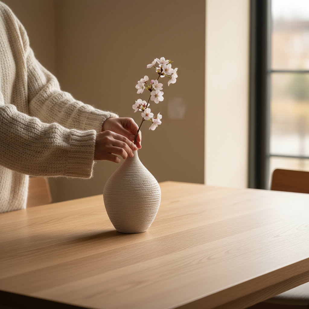 Hands styling ceramic vase with cherry blossoms in morning light