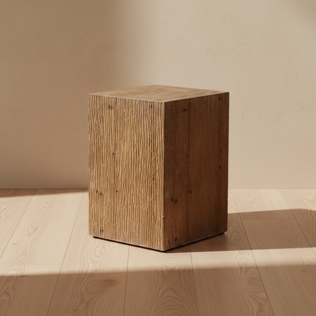 Minimalist textured wood side table photography