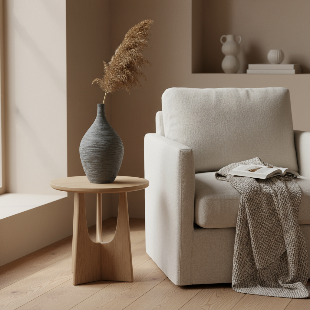 Natural stone ceramic vase in cozy reading corner