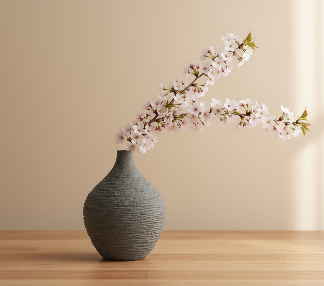 Natural stone ceramic vase with spring cherry blossoms