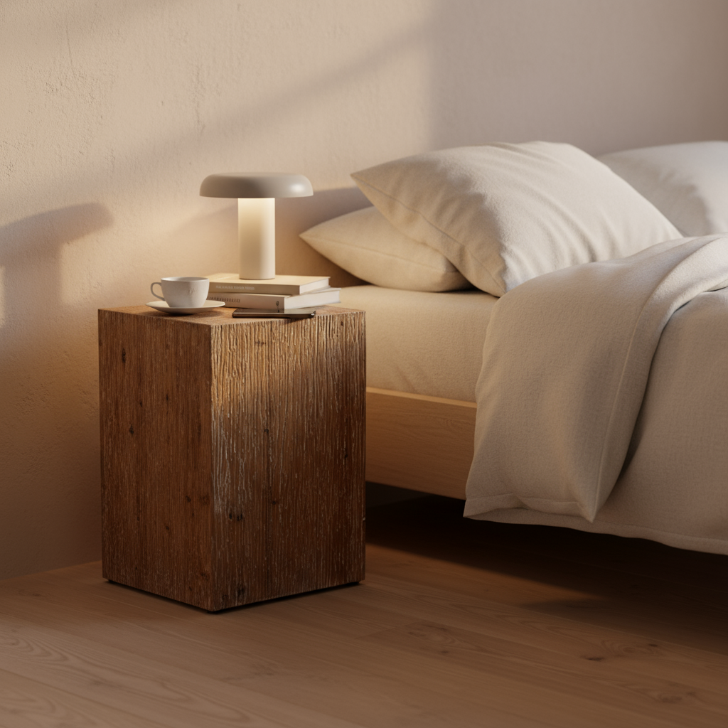 Refined minimalist bedroom with textured wood nightstand