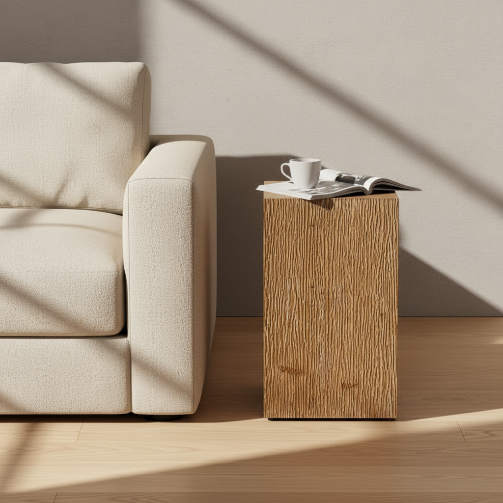 Refined minimalist living room with textured wood side table