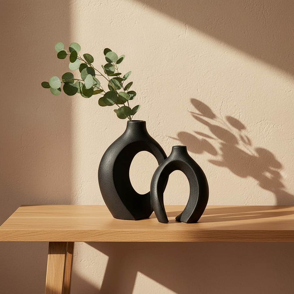 Sculptural vases on console table
