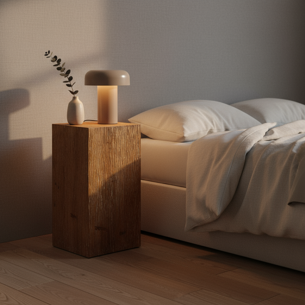 Tall wood side table with lamp in minimalist bedroom