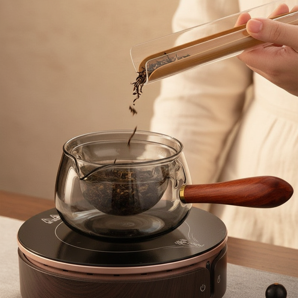 Tea ritual with warm refined aesthetic