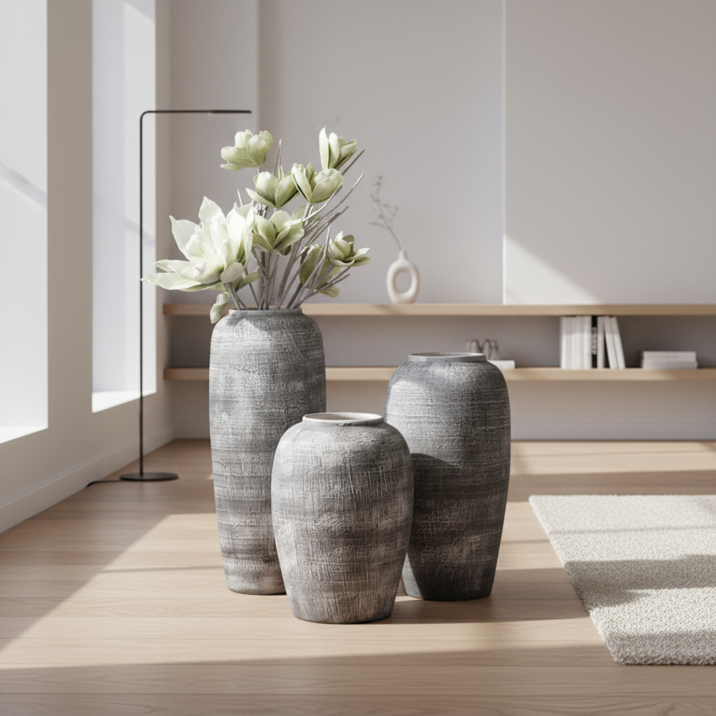 Textured ceramic floor vases in minimalist setting