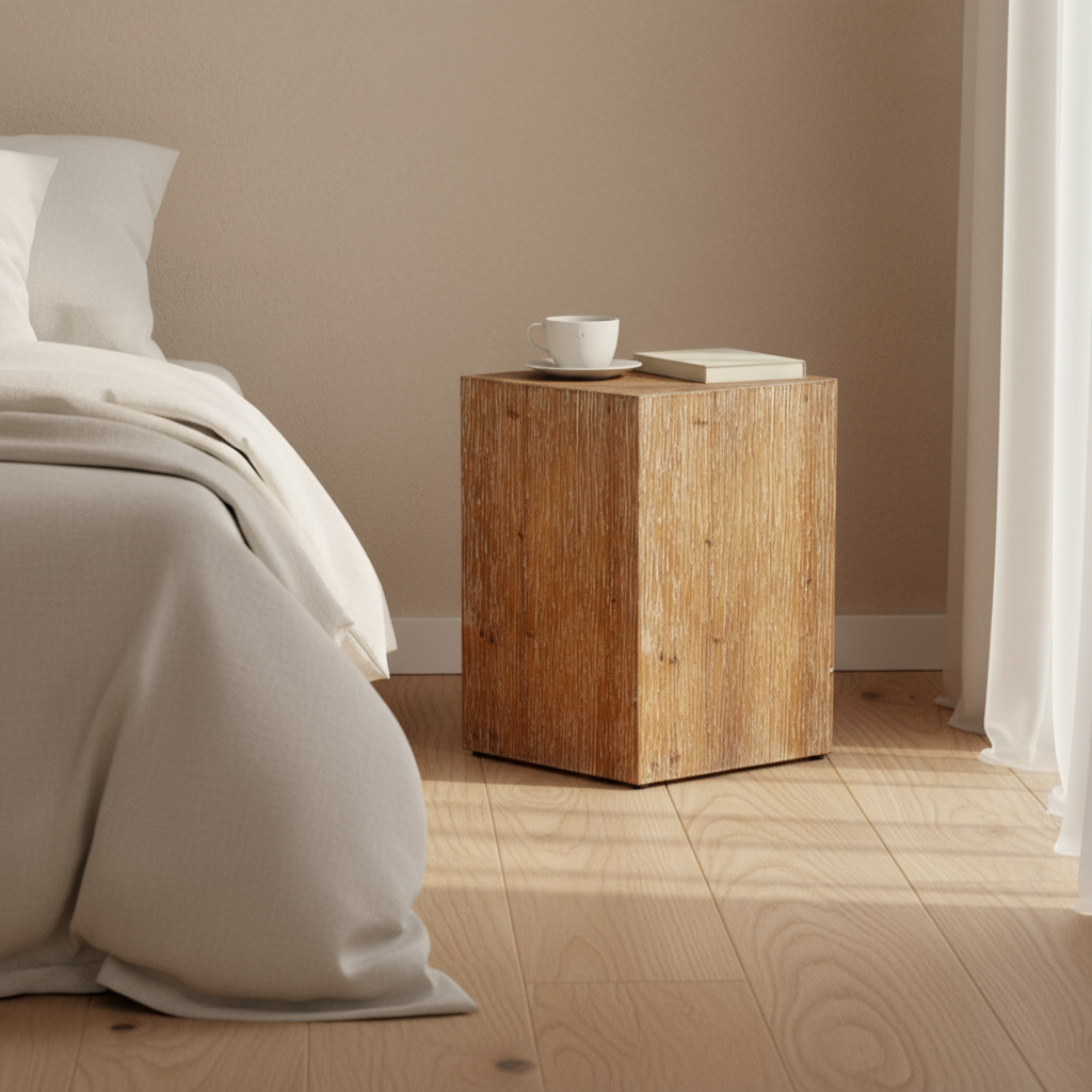 Textured wood side table in minimalist bedroom