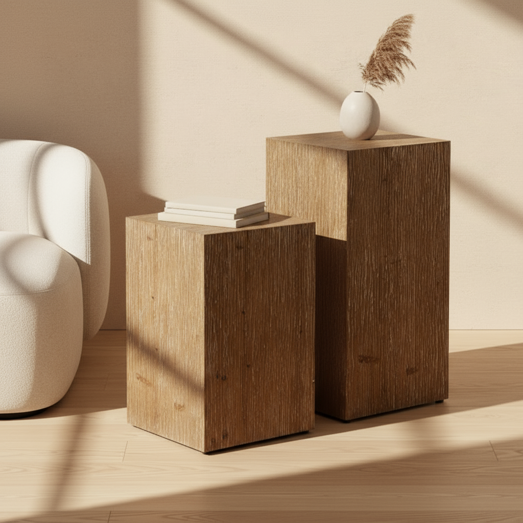 Textured wood side tables set in minimalist living room