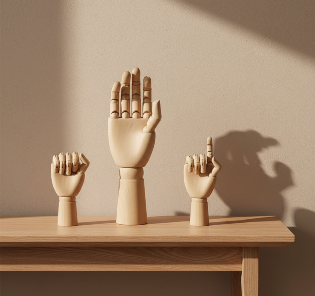 Wooden hand sculptures on console